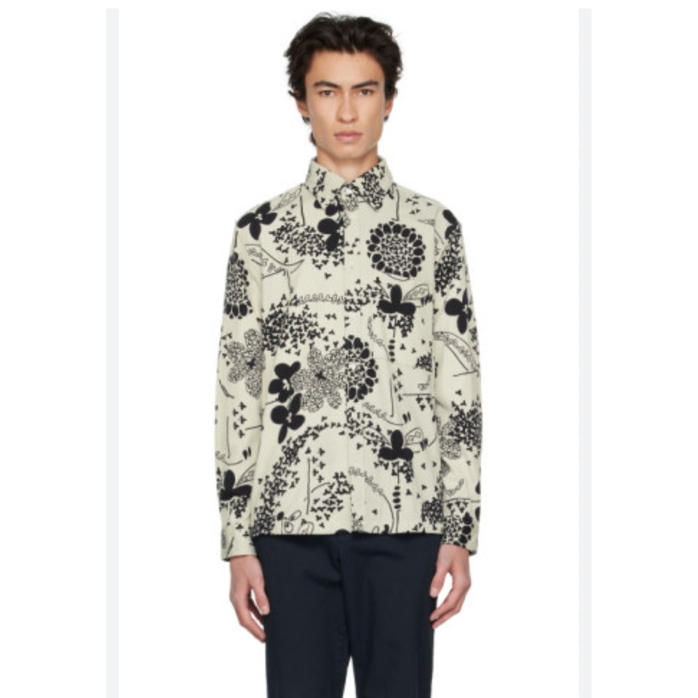 NN07 No Nationality Men's Long Sleeve Button Up Shirt Black White Floral Size L